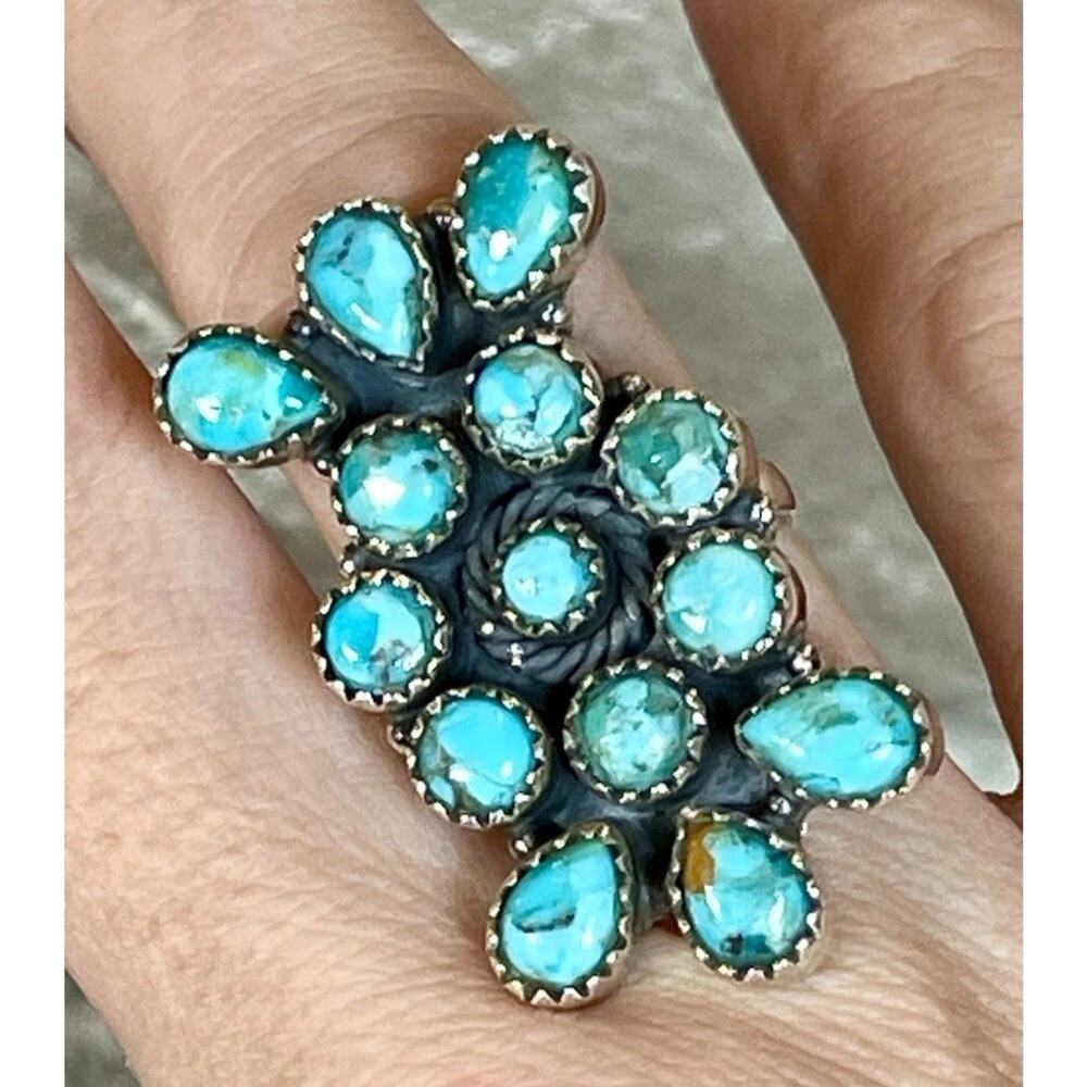 Native Style Southwest Turquoise Cluster Ring Sterling Silver Adjustable Longs